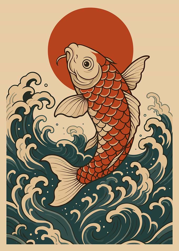 Koi Fish Jumping Through Waves
