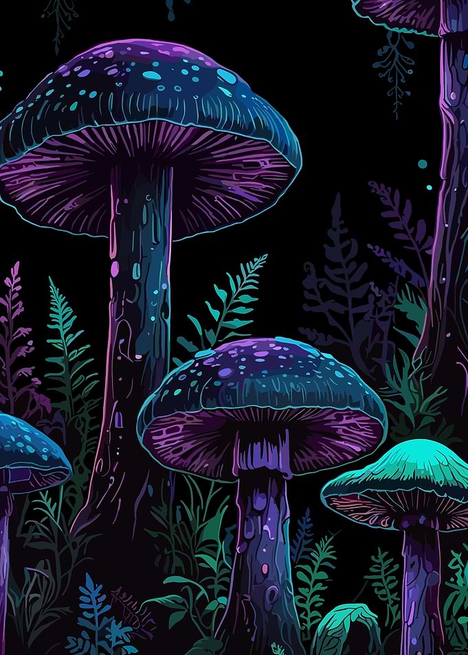 Neon Mushroom Poster, Psychedelic Forest Wall Art, Fantasy Glowing Nature Print