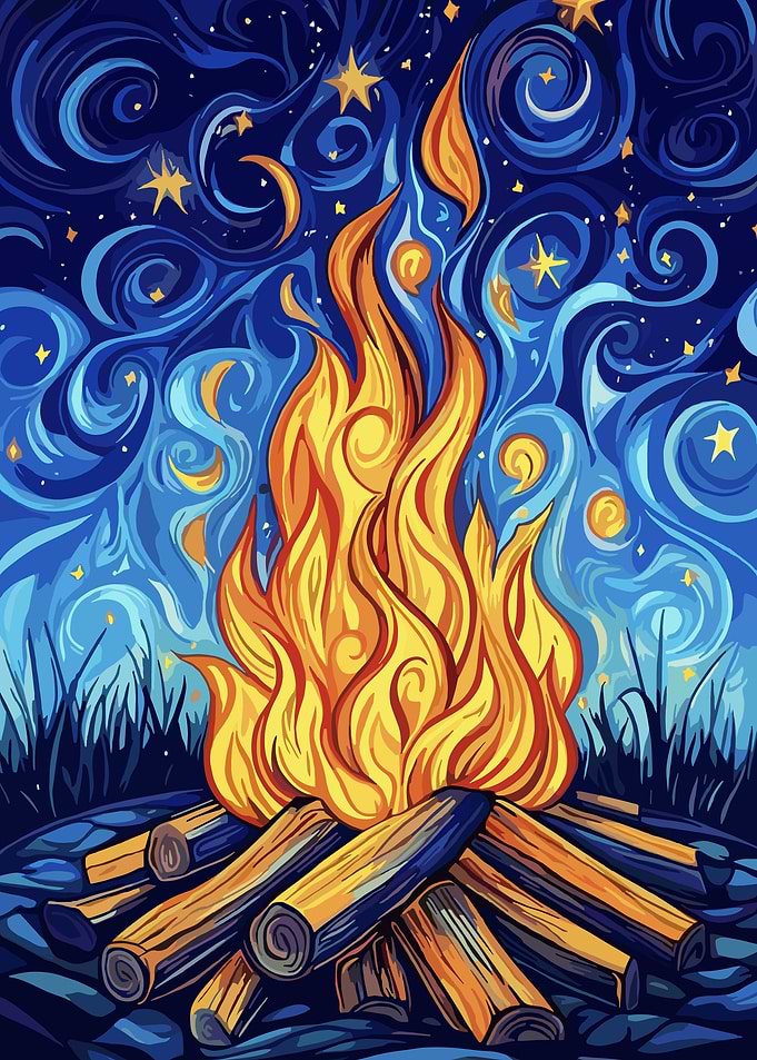 Campfire under a starry night sky