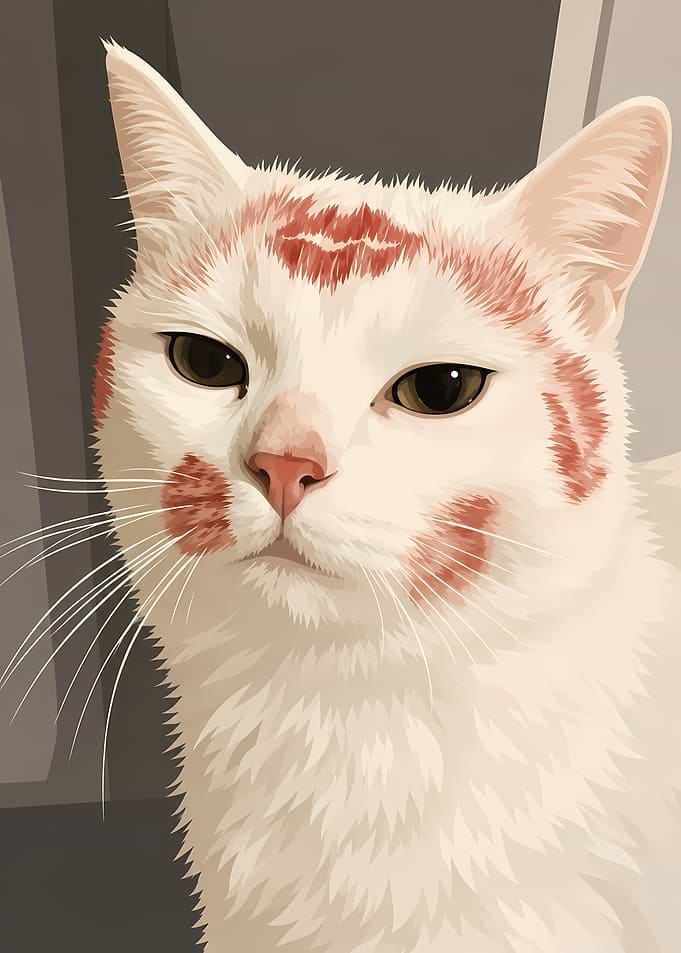White Cat with Red Lipstick Marks
