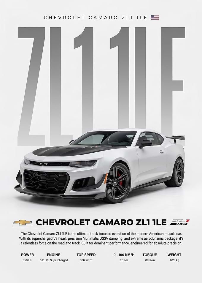 white Chevrolet Camaro ZL1 1LE poster