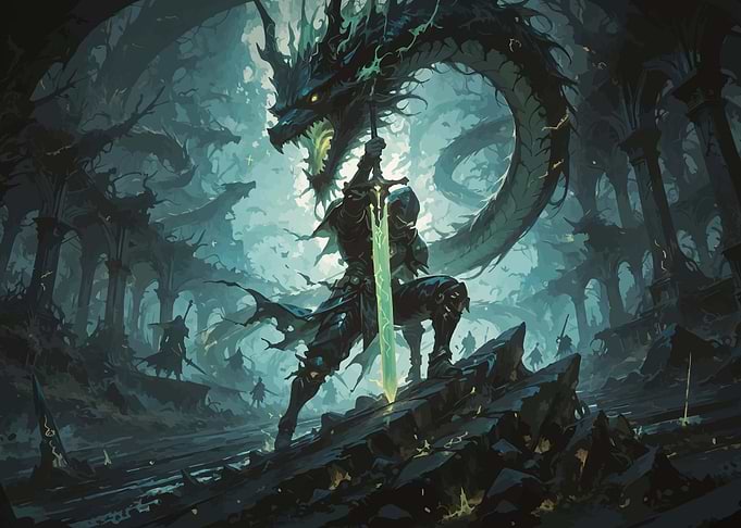 Knight battles dragon in dark ruins
