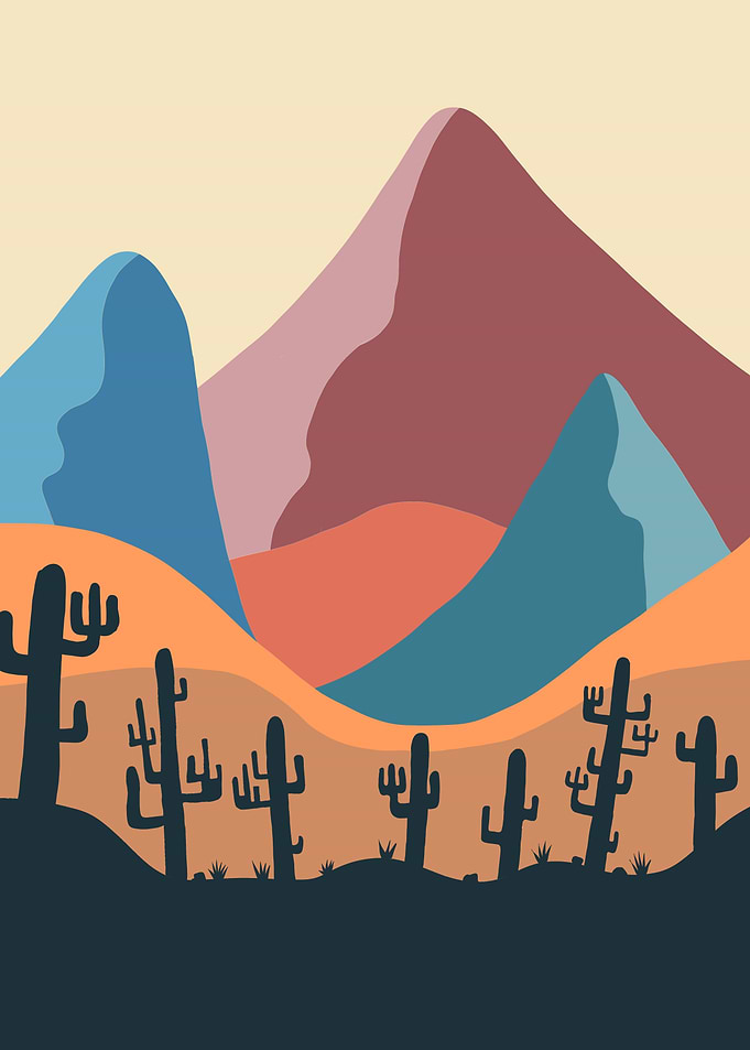 Desert Landscape with Cacti and Mountains