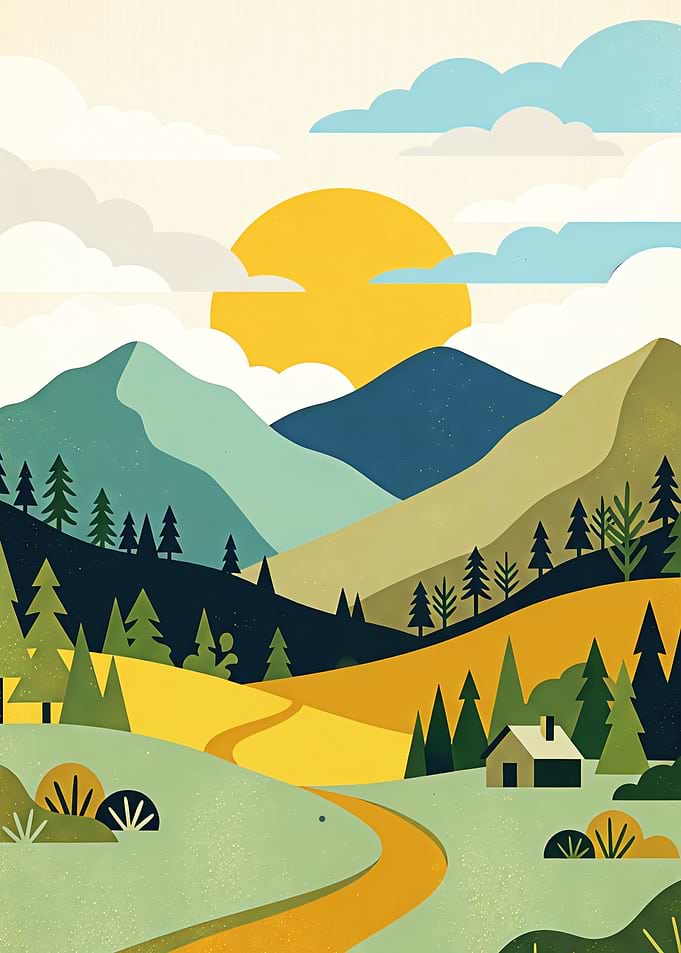 Stylized Mountain Landscape with Cabin