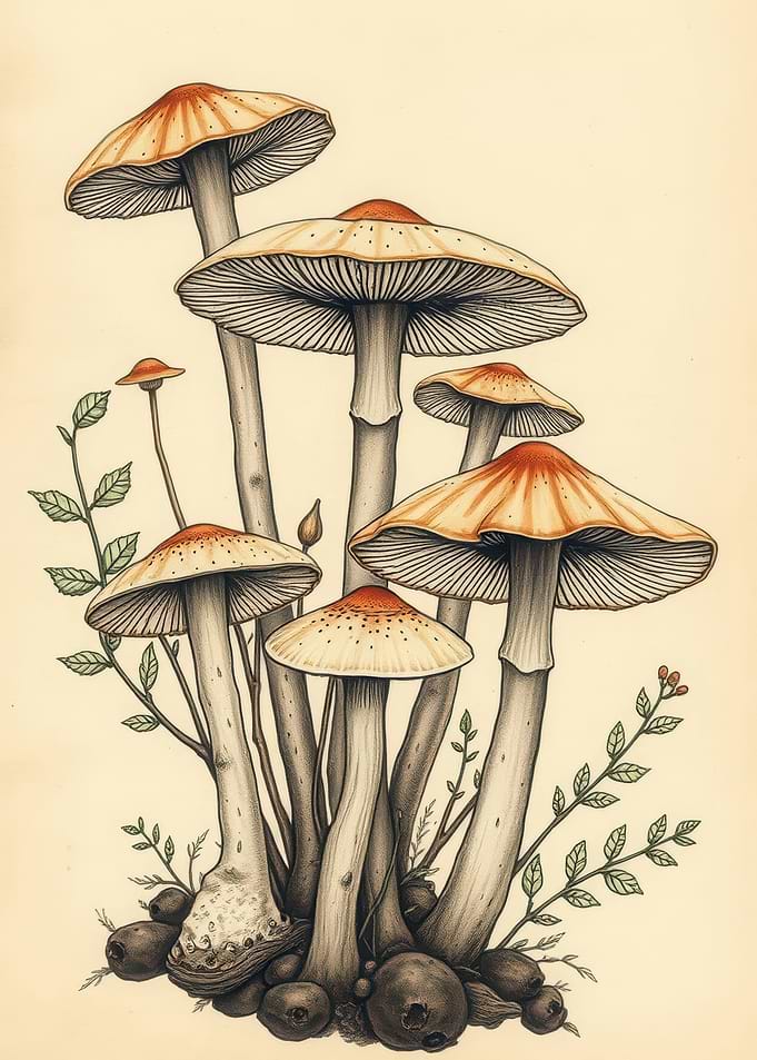 Mushroom Illustration with Foliage
