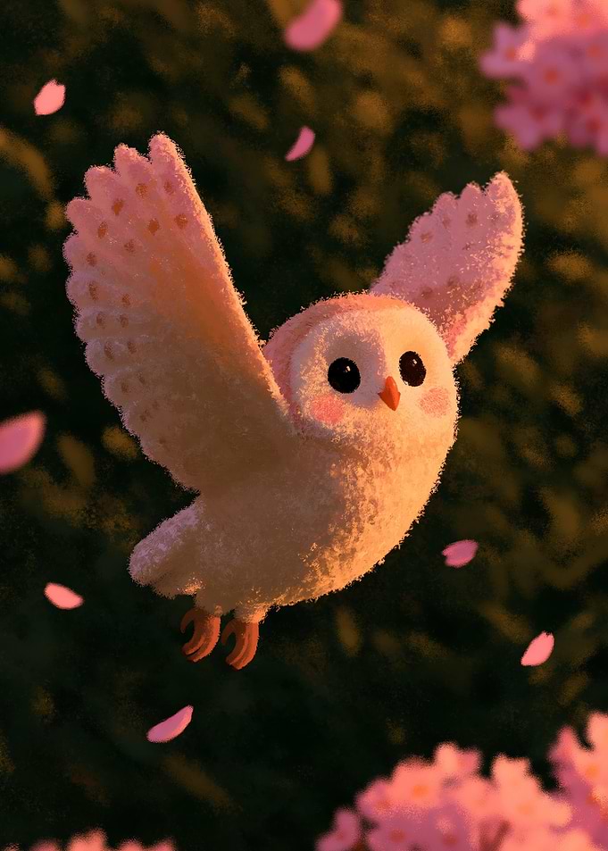 Cute Owl Flying Among Cherry Blossoms