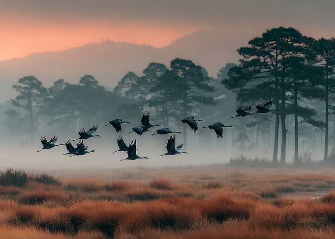 Cranes Flying at Sunrise