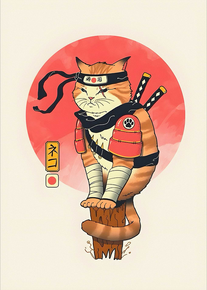 Samurai Cat with Japanese Sun