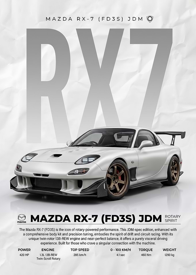 matte white Mazda RX-7 FD3S JDM Poster