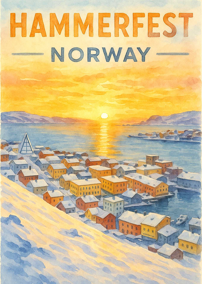 Hammerfest Norway Vintage Travel Poster | Watercolor Arctic Harbor Sunset Wall Art