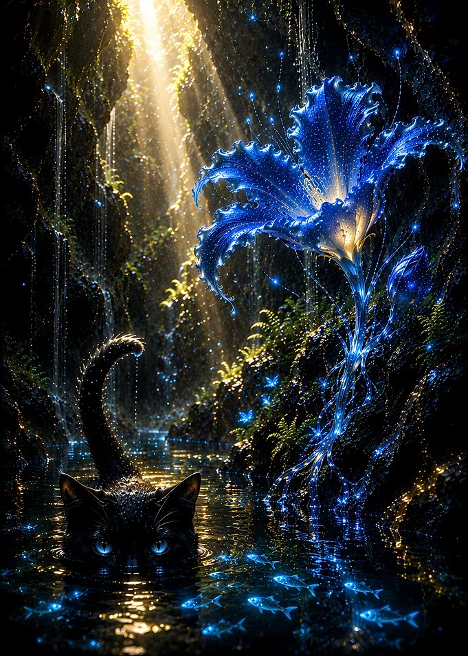 Black Cat in Magical Water