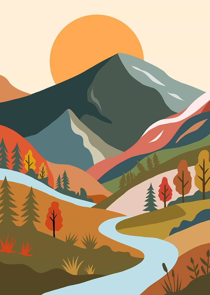 Autumn Mountain Landscape with River