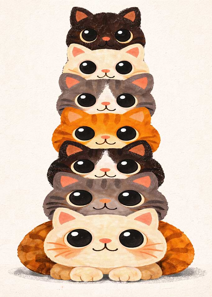 Stack of Cute Cartoon Cats
