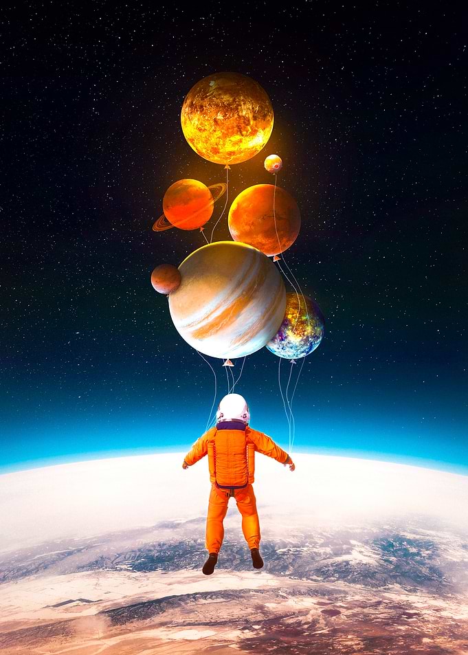 Astronaut holding planet balloons