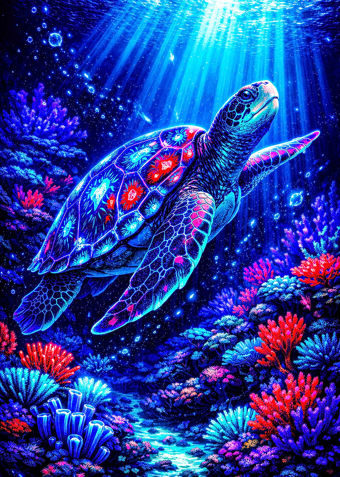 Bioluminescent Sea Turtle in Coral Reef