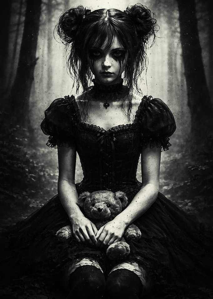 Gothic Girl with Teddy Bear
