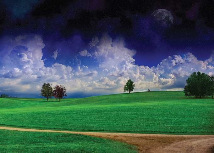 Dreamy Landscape with Moon and Clouds