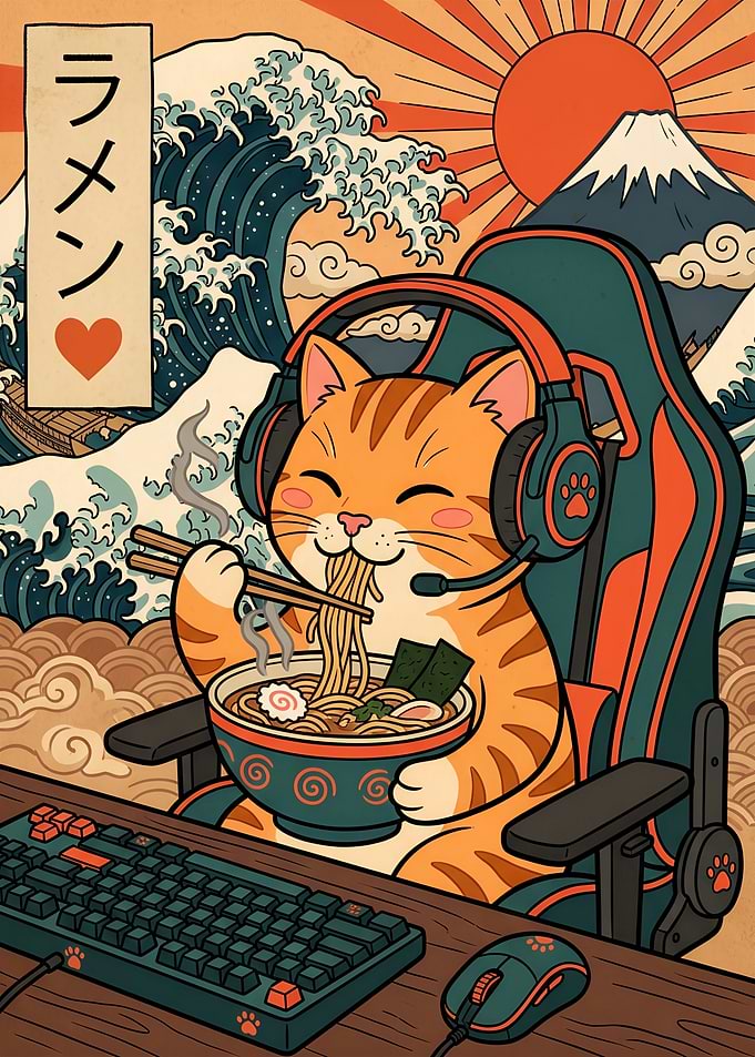 Gamer Cat Eating Ramen Kanagawa Wave