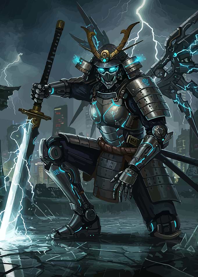Cyberpunk Samurai Warrior with Lightning Sword