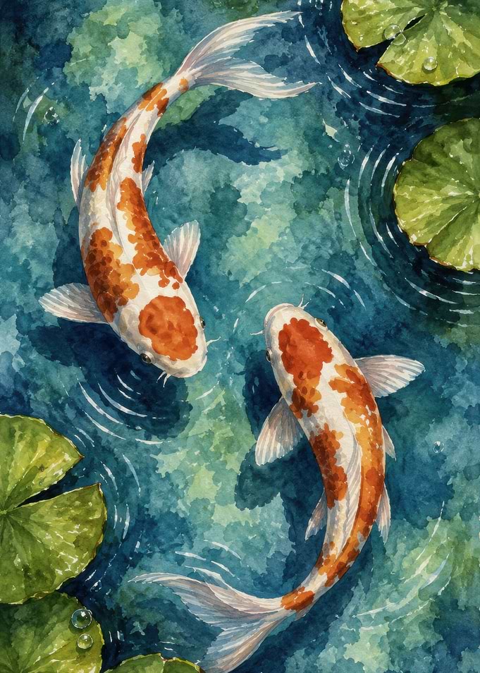 Two Koi Fish in a Pond