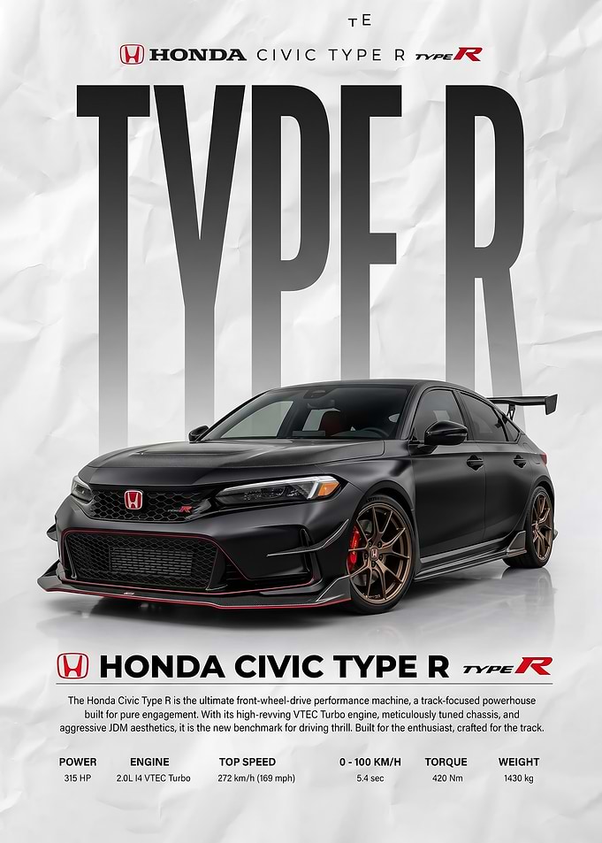 matte black Honda Civic Type R Poster
