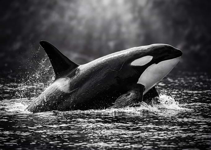 Orca breaching in black and white