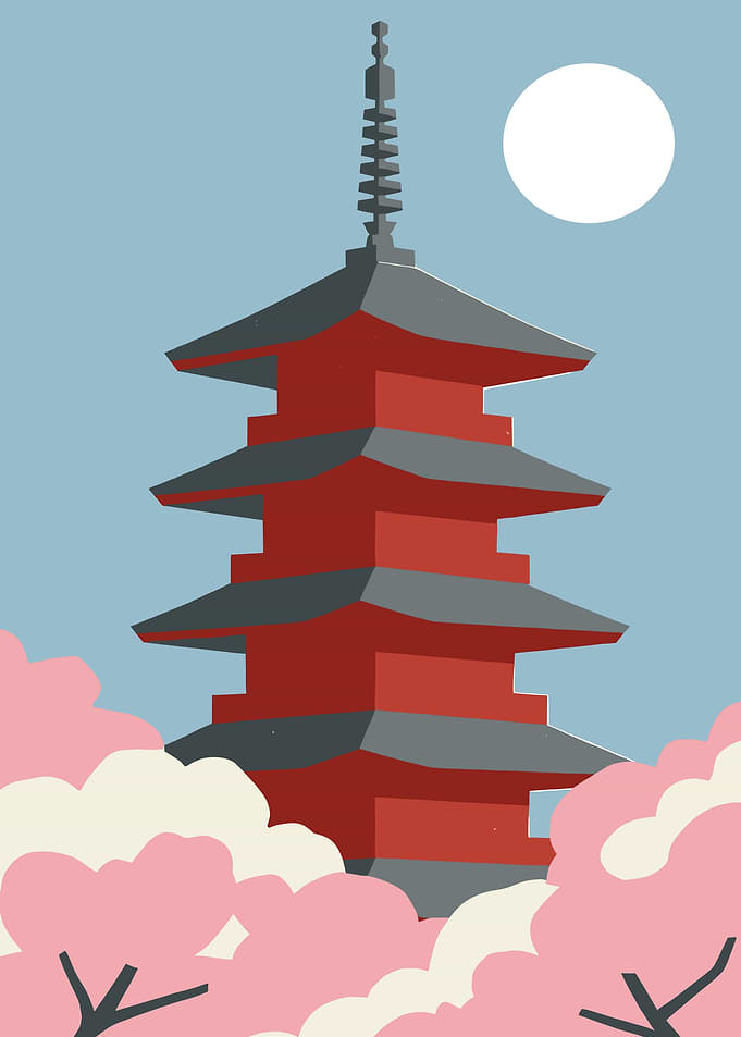 Japanese Pagoda with Cherry Blossoms