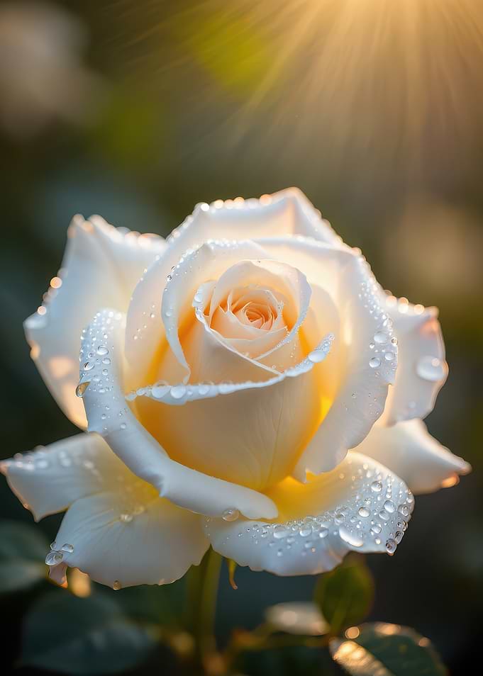 Dew-Kissed White Rose in Sunlight
