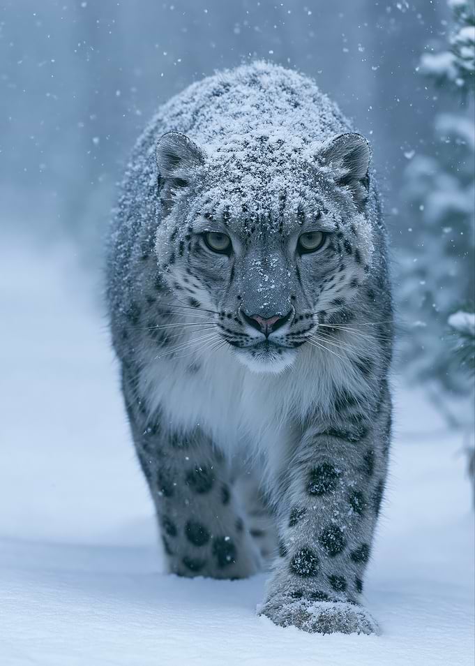 Snow Leopard in Snowy Forest