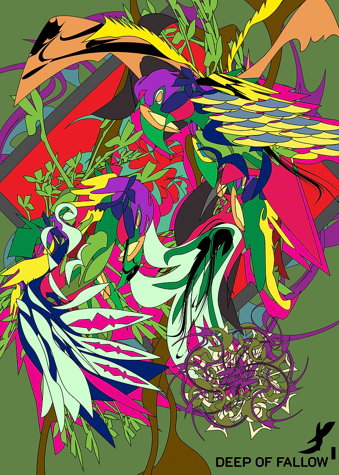 Abstract Digital Art with Birds and Flora