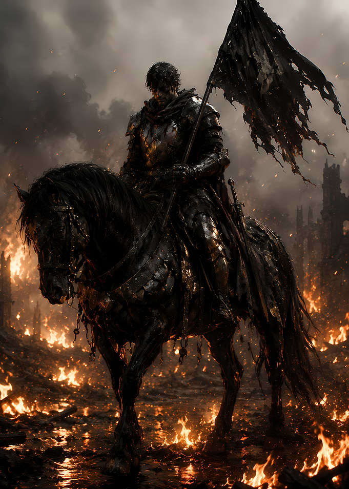 Knight on Horseback in Fiery Landscape