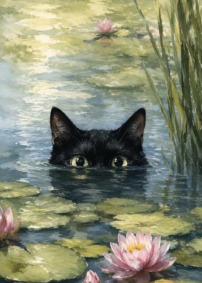 Black Cat Peeking from Water Lilies