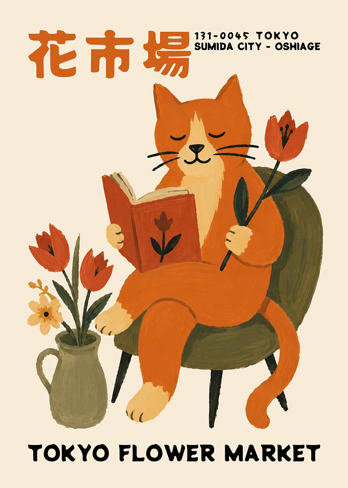 Cat Reading Book with Flowers