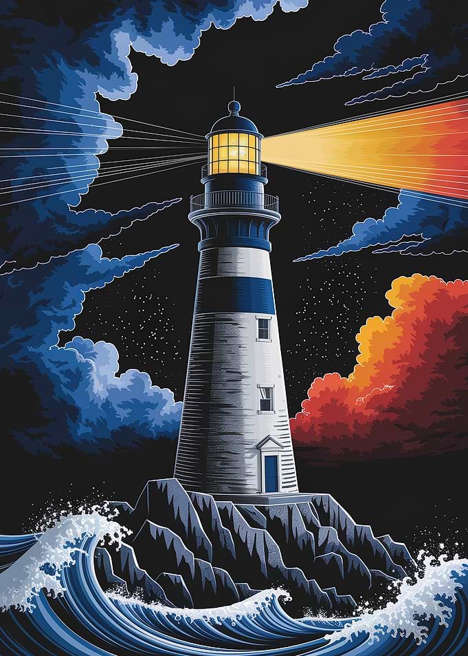 Lighthouse beam cutting through stormy night