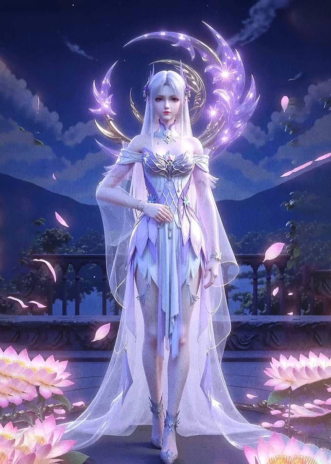 Ethereal Moon Goddess with Lotus Flowers