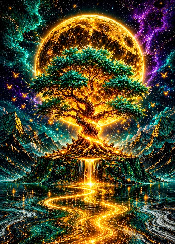 Enchanted Tree of Life Under a Cosmic Moon