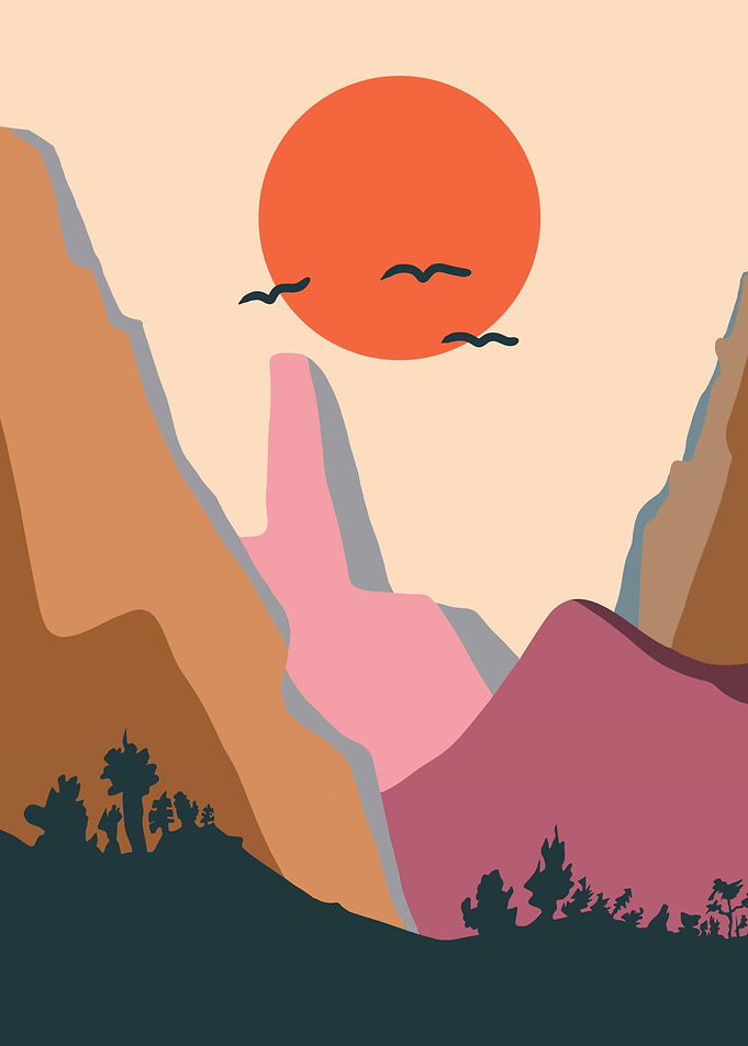 Abstract Mountain Sunset with Birds