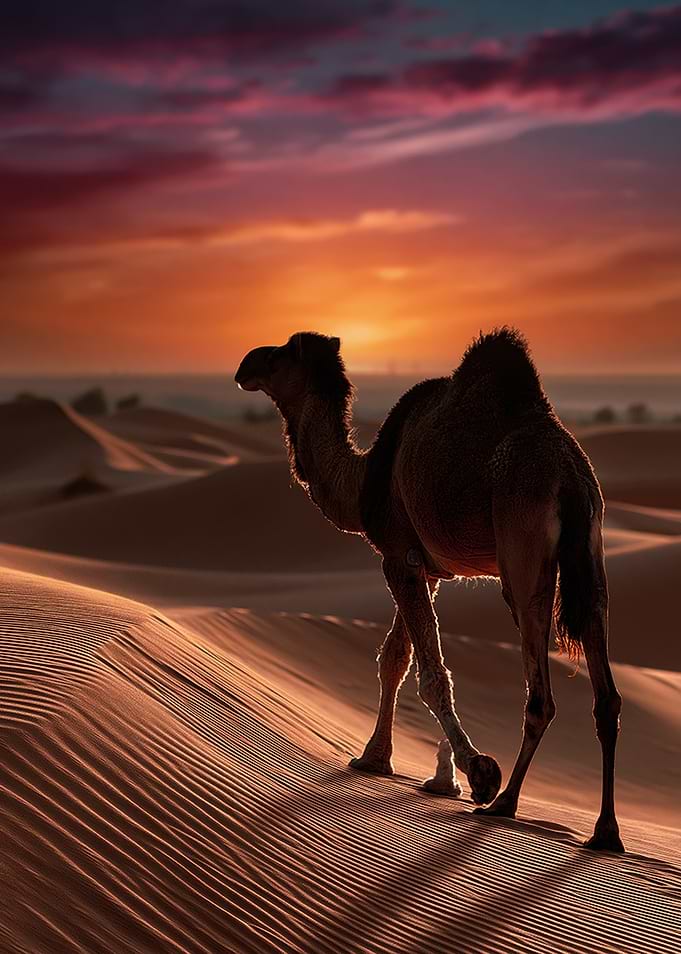 Camel in Desert Sunset
