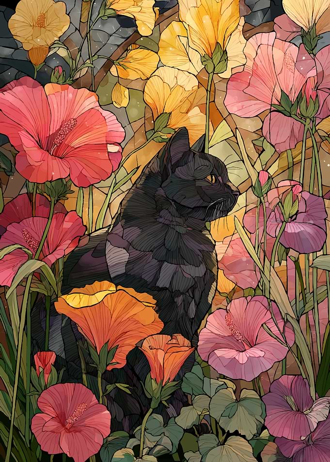 Black Cat Among Hibiscus Flowers