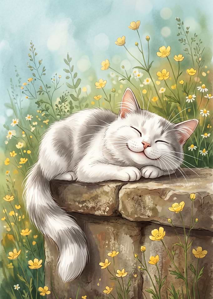 Cute Cat Sleeping in Flowers