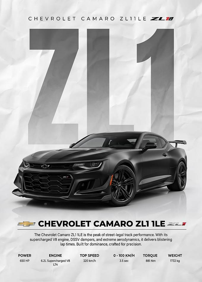 matte black Chevrolet Camaro ZL1 1LE poster
