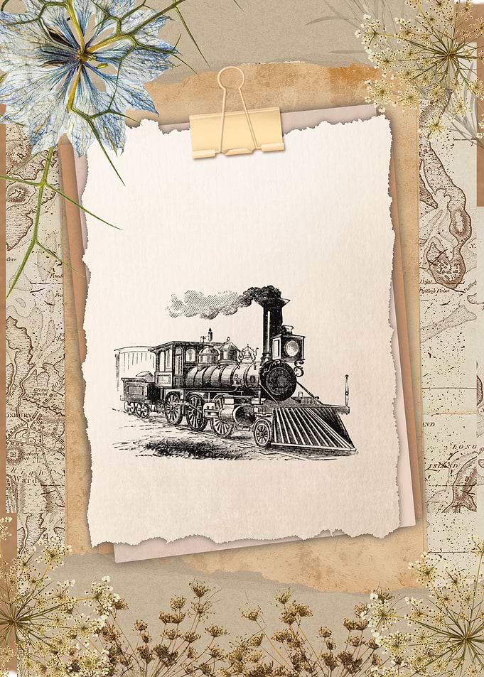 Vintage Train and Botanical Collage