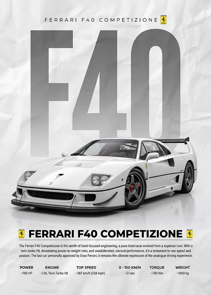 matte white Ferrari F40 Competizione Poster