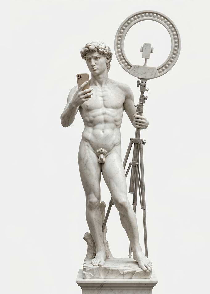 David Statue Taking a Selfie with Ring Light