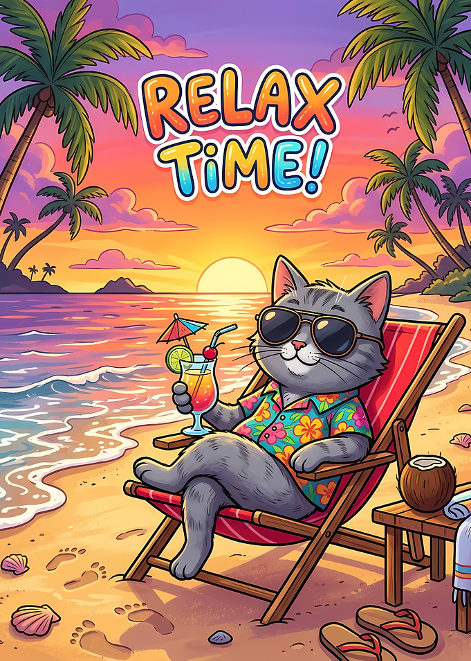 Cute Cat Relaxing on Tropical Beach with Cocktail, Sunglasses and Sunset Vacation Scene