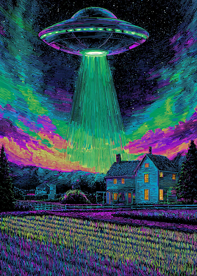 UFO Abducting House in Rural Landscape