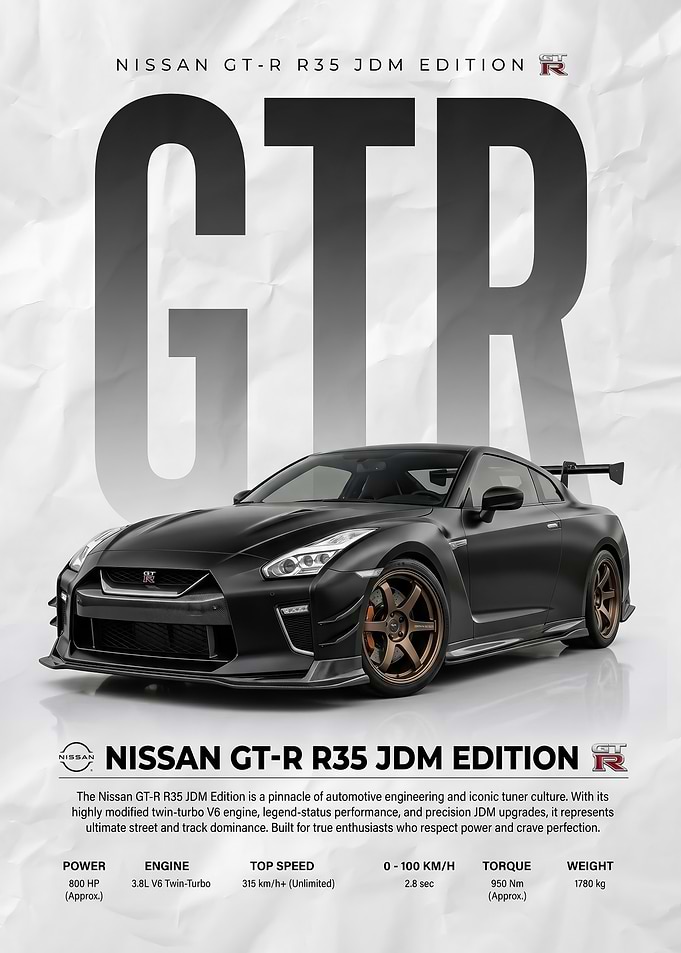 matte black Nissan GT-R R35 JDM Edition Poster