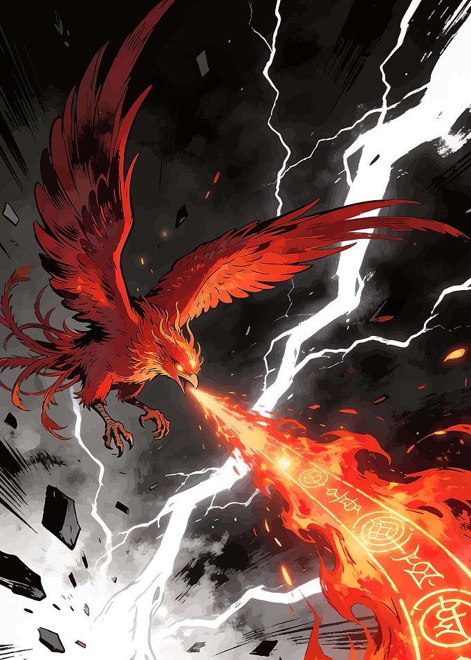 Phoenix breathing fire during a storm