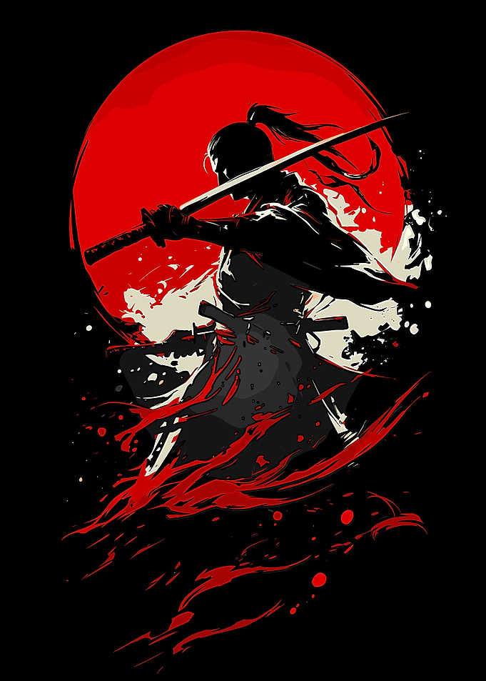 Samurai Warrior in Front of a Red Sun