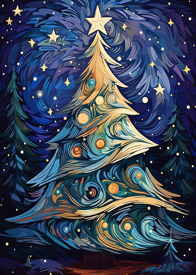 Whimsical Christmas Tree Under Starry Sky